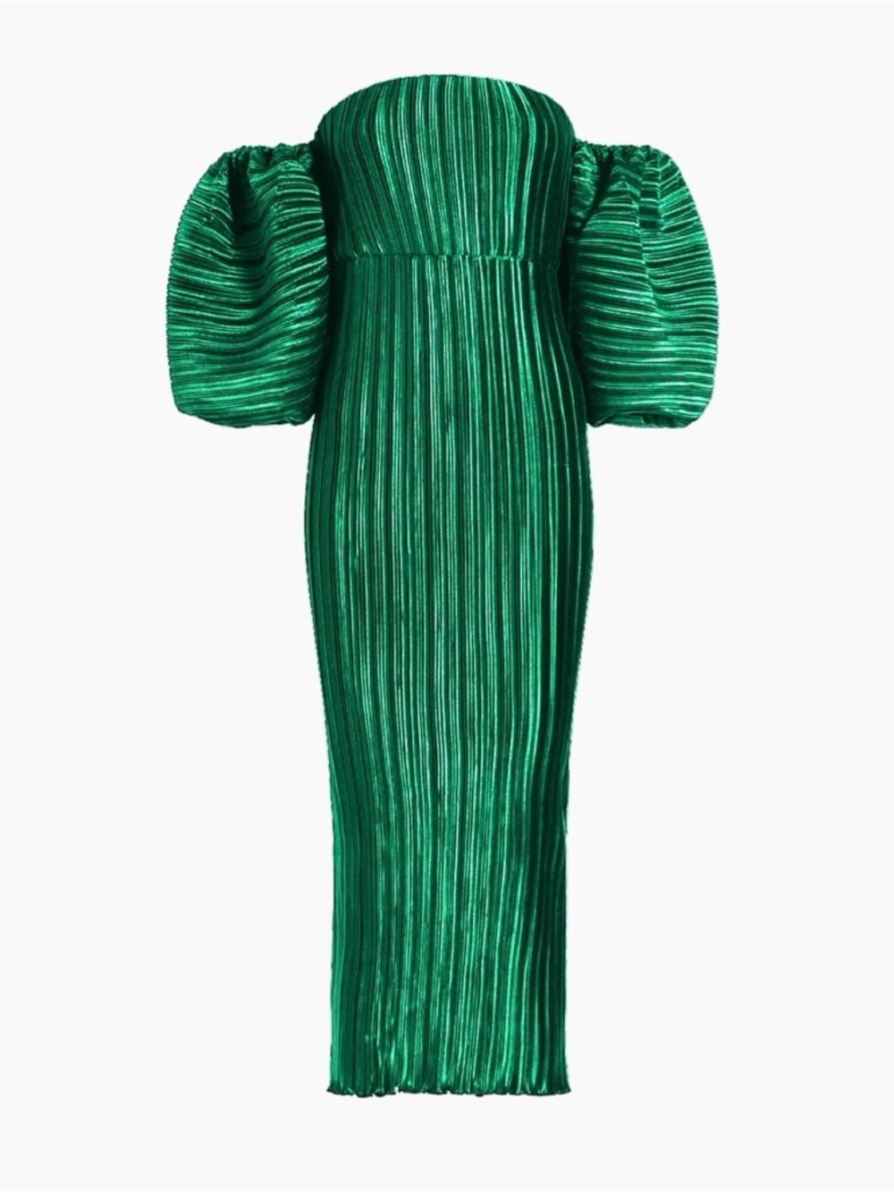 L'IDEE Sirene Plissé Off-Shoulder Puff-Sleeve Column Dress Emerald Green 10 NWT - Picture 3 of 16